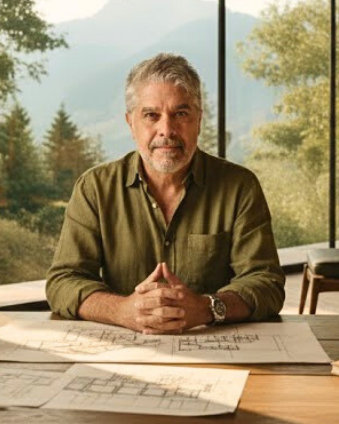 Fernando Carrieri sentado à mesa com desenhos de arquitetura