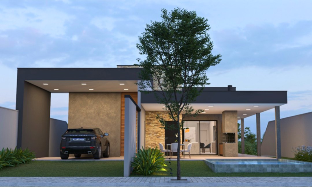Fachada da Casa Butantã com árvore central e volumes horizontais